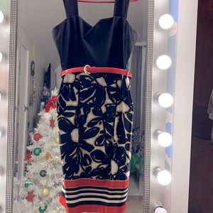 Black Patterned Pencil Dress with Belt